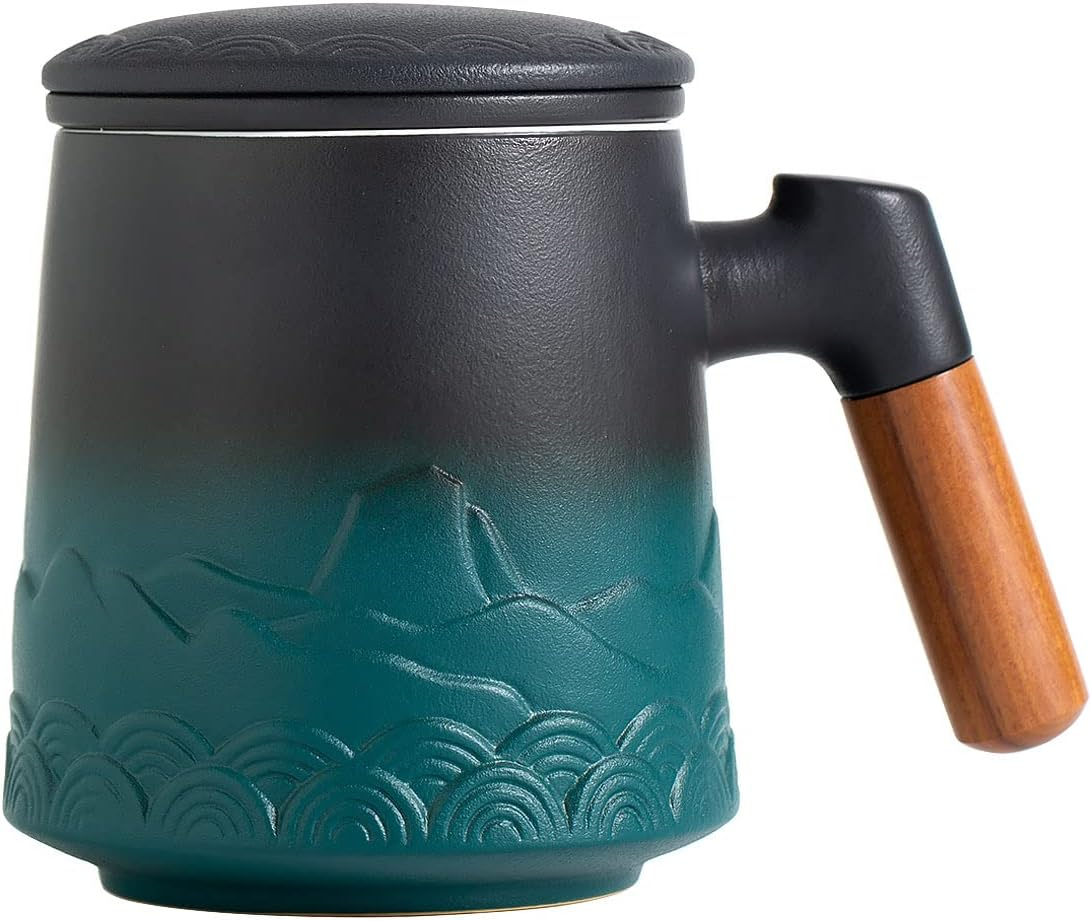ZENS Tea Mug with Infuser and Lid, 500ML Embossed Ceramic Cup with Strainers for
