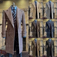 Herringbone Men's Overcoat Vintage Double Breasted Wide Lapel Casual Long Coat
