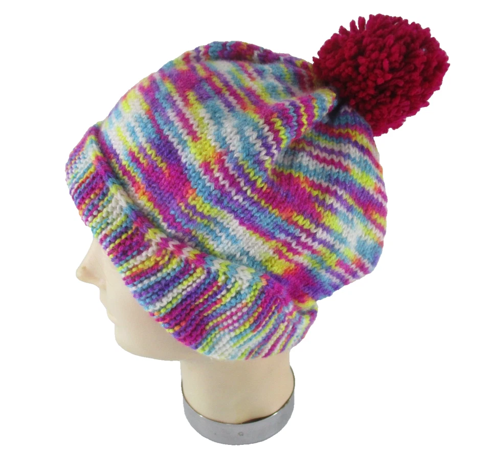 Ручной работы радуги вязаный Beanie с глубокий розовый помпон помпон ретро цвет поп зимняя шляпа - Изображение 3 из 4