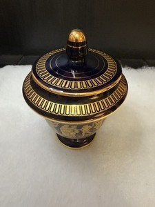 Spyropoulos Cobalt Blue Urn w/ Lid, Handmade in Greece w/ 24k Gold Greek Accents