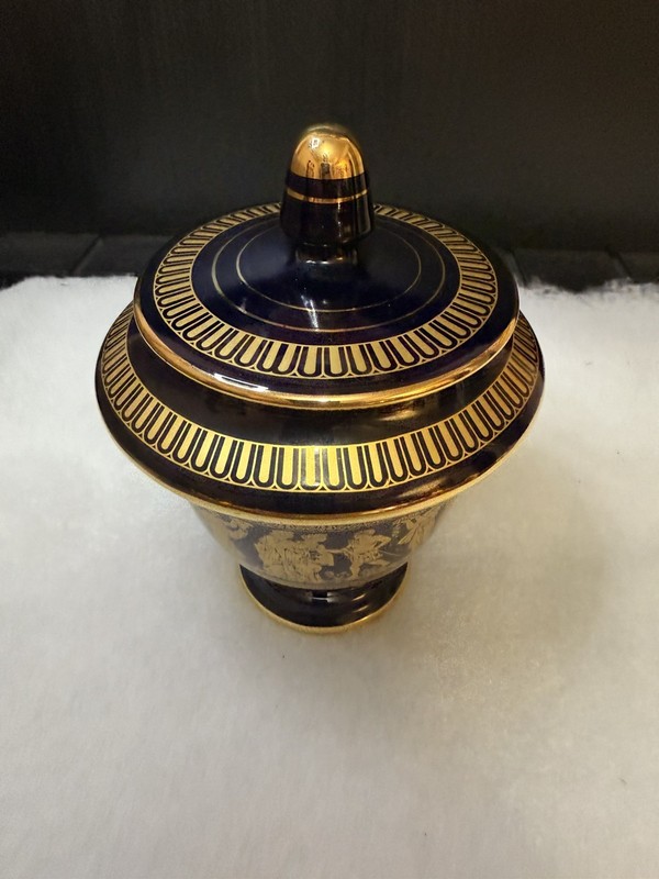 Spyropoulos Cobalt Blue Urn w/ Lid, Handmade in Greece w/ 24k Gold Greek Accents