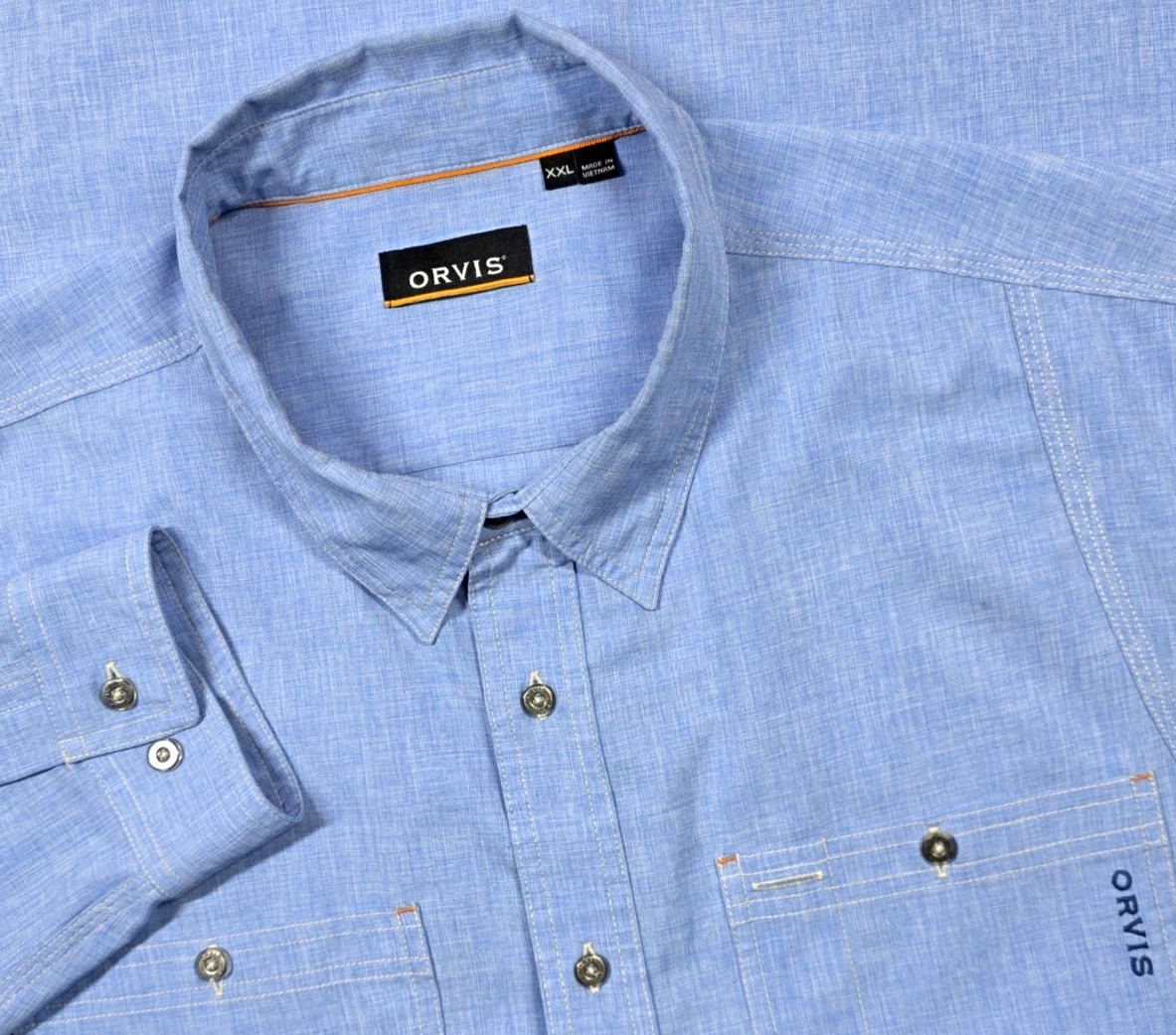 Chemise Orvis Homme 2XL – Bleu, Manches Courtes, Doubles Poches