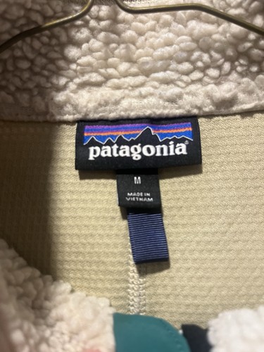 Patagonia Deep Pile Sherpa Cream/Green/Navy Full Zip Vest Men’s Sz M Fleece - Picture 5 of 6