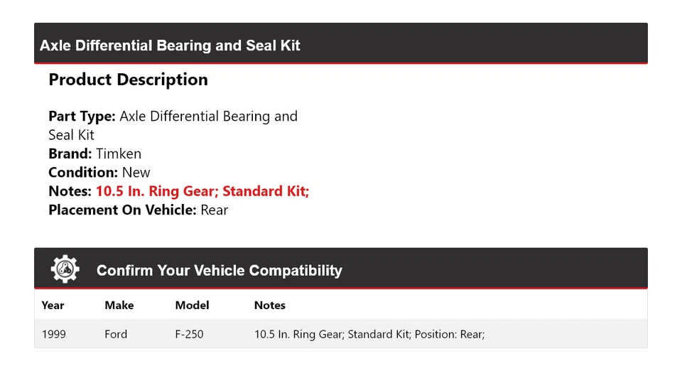 Комплект подшипников и уплотнений дифференциала задней оси для 1999 Ford F-250 Timken - Изображение 2 из 3