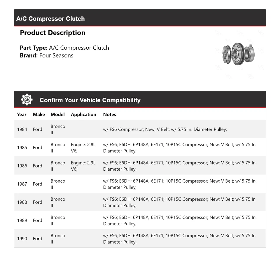Embrague compresor aire acondicionado Ford Bronco II 1984-1990 4 estaciones 1985 1986 1987 1988 Foto 2 de 4