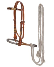 Western Horse Leather + Rawhide Bosal Hackamore Bridle Headstall w/Cotton Mecate