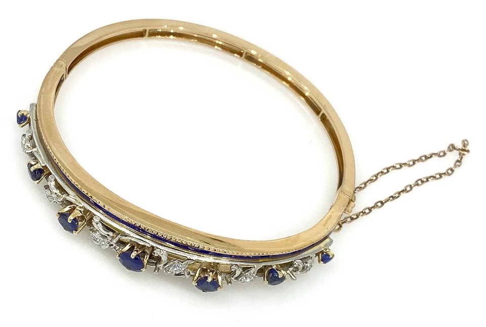 Vintage Diamond, Sapphire and Enamel Bangle Bracelet in14k Gold- HM1123SB - Image 3 of 4