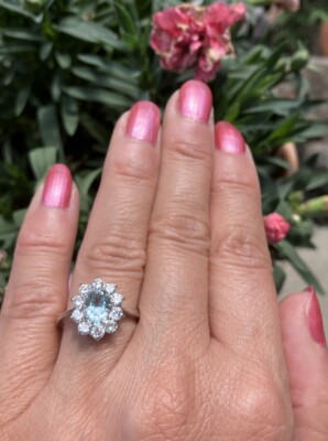 Wunderschöner vintage Ring mit Aquamarin + 1ct  Brillanten in 950 Platin  B3017
