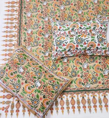 Handmade Block Print 100% Cotton Queen Size Bed Cover Set With Pillow Covers