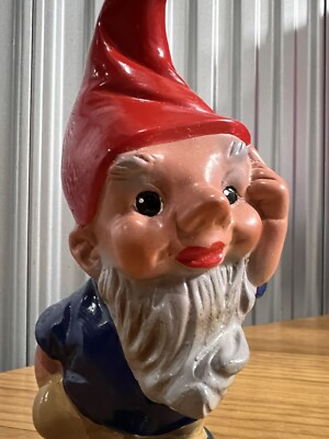 Vintage Heissner Thinking Garden Gnome Plastic Figurine Germany. Red Label
