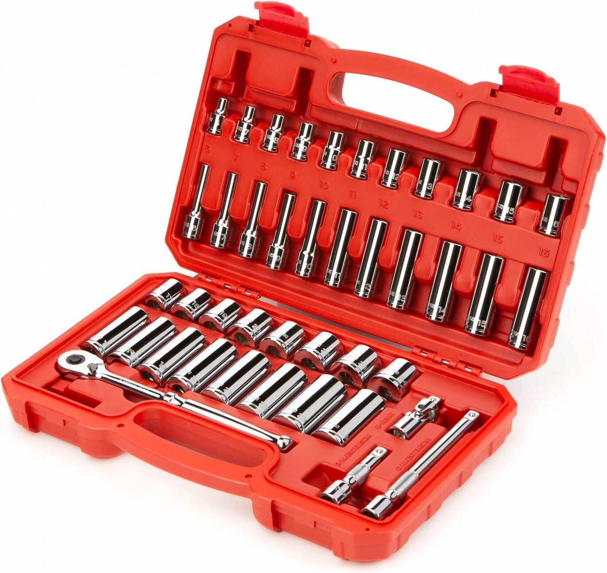 TEKTON 44-Piece 3/8" Drive Socket Set - 6-Point Metric Sockets With Ratchet & Accessories