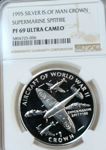 1995 ISLE OF MAN SILVER CROWN SUPERMARINE SPITFIRE NGC PF 69 ULTRA CAMEO TOP POP