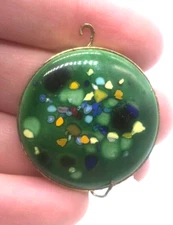 Vintage Lucite Murano Style Art Glass Looking Pendant Green Speckled Metal 1.5"
