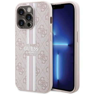 Guess 4G Print Hülle für iPhone 15 Pro Rosa Hardcase TPU MagSafe Stripes Design