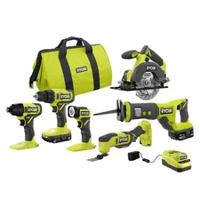 RYOBI  18V Cordless 6-Tool Combo Kit with 1.5 Ah Battery, 4.0 Ah Battery, and