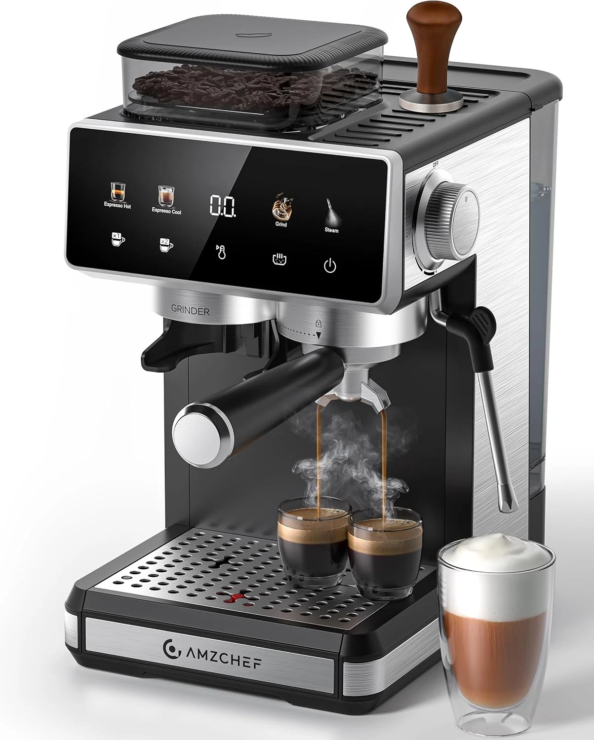 Professional Espresso Machine with Grinder, 20 Grind Settings, Black