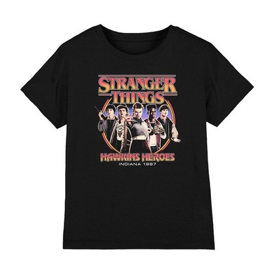 Stranger Things Hawkins Heroes Group 1987 Kinder T-Shirt 7-13 Jahre, schwarz