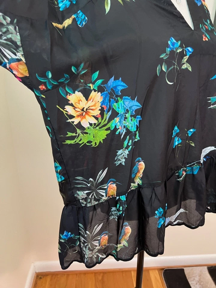 Blusa Johnny Was Seda Transparente Botón Frontal Pájaros y Flores Estampado Talla M Foto 4 de 4