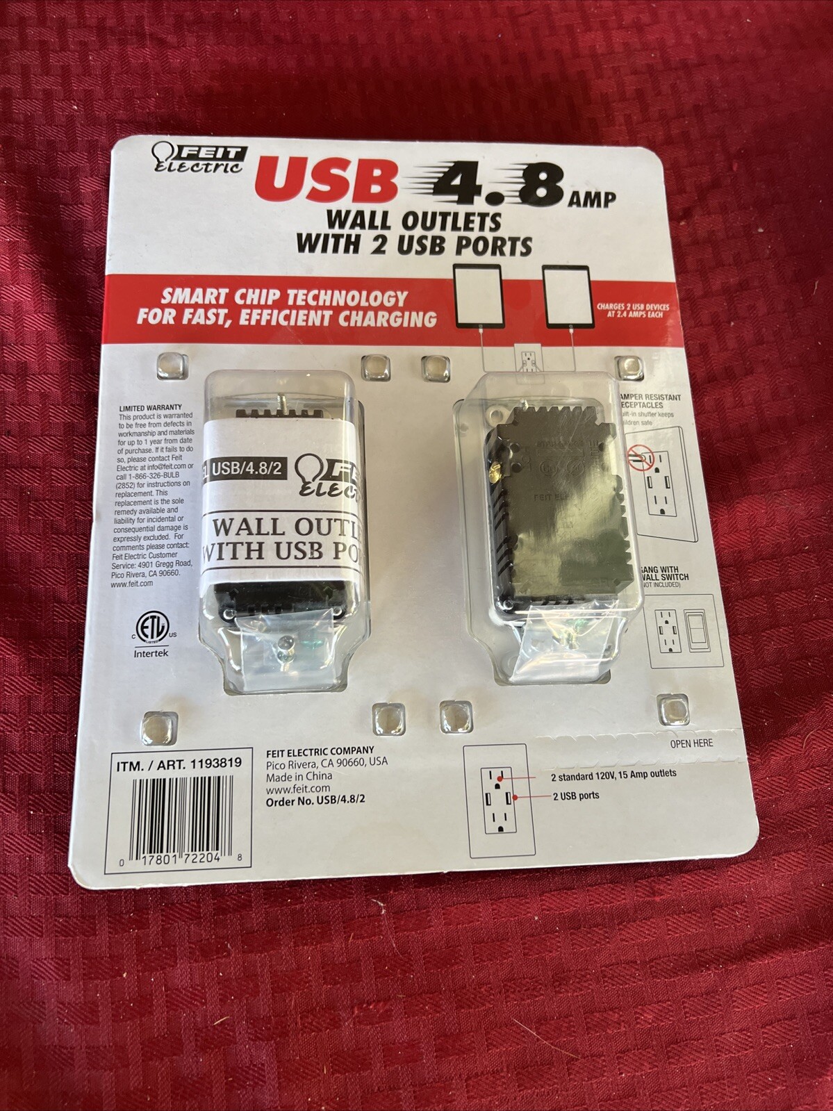 Feit Electric 2PK Wall Outlets With 2 USB Ports 4.8 Amps 2 Pack NEW