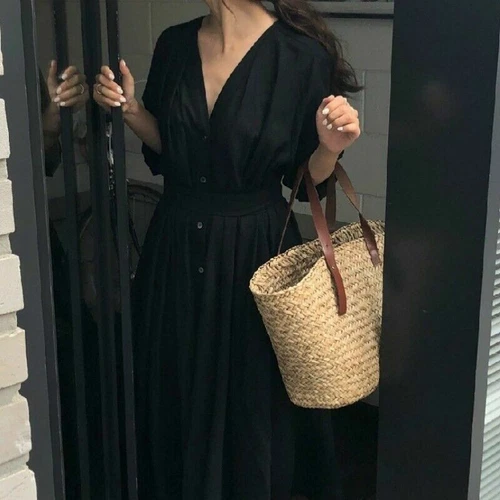 Mujer Vestido de Lino Algodón Cuello en V Cinturón Largo Botón Suelto Informal Blanco Negro Hada - Imagen 3 de 16