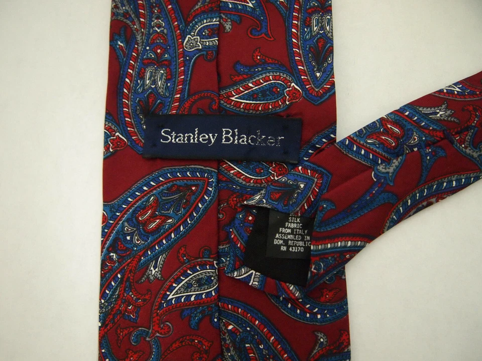 Stanley Blacker 男式领带红色蓝色灰色佩斯利 100% 真丝 56 英寸短 Caree — 第 3/4 张图片