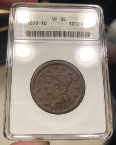 1850 Braided Hair Large Cent graded VF35 by ANACS Soapbox Holder Type Coin - Picture 1 of 2