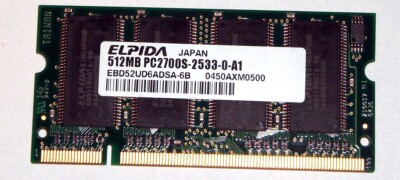 512MB DDR-RAM 200-Pin SO-DIMM PC-2700S Elpida EBD52UD6ADSA-6B