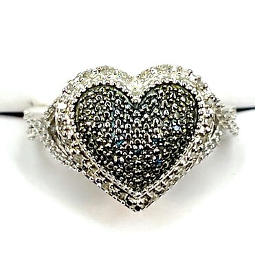 DESIGNER SIGNED SJ 925 STERLING SILVER NATURAL BLUE WHITE DIAMOND HEART  RING