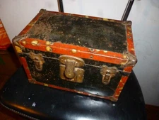 Antique Wood & Brass Corners Doll Trunk, wallpaper- original, extras. 10"x 6"