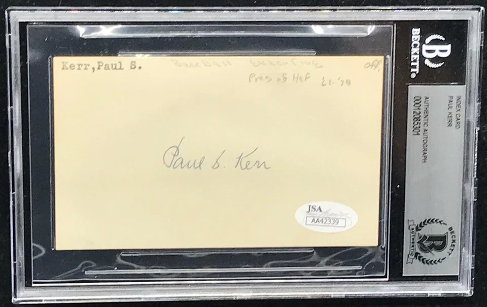 Paul S Kerr "Baseball HOF" Signed Autographed 3X5 Index Card BECKETT BAS - Image 2 of 2