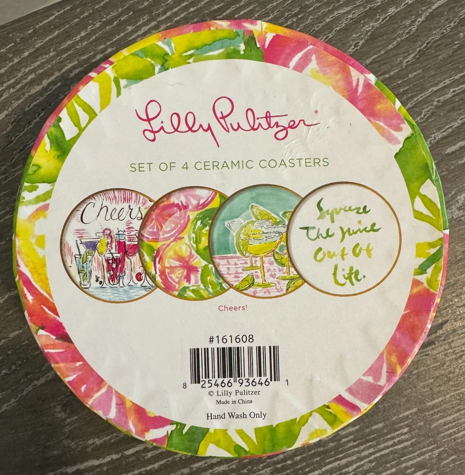 Juego de 4 posavasos Lilly Pulitzer ¡Saludos! Nuevo En Caja ¡Gran Regalo! ¡Festivo y divertido! Foto 3 de 3