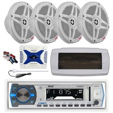 Pyle Marine Radio, Cover, Antenna,Amp w/Kit, 4x 6.5" 600W Wireless White Speaker
