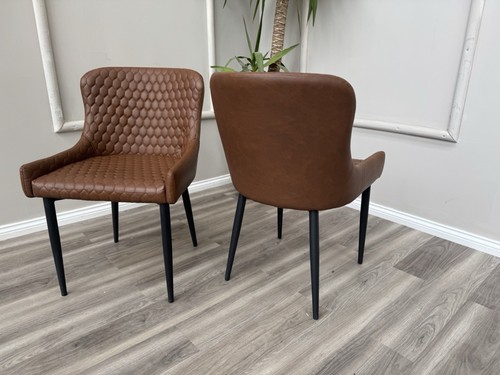 STUNNING Furniture Village Osaka Pair Of Dining Kitchen Chairs Faux Tan Leather - Picture 9 of 14