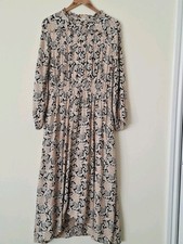 FatFace Maxi Dress UK 14 Cream Black Modal Pleated Pockets Lined Boho Midi