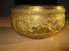  Antique Burmese Burma Hammered Repoussé Brass Offering Bowl People Farm Scene