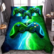 6 Pcs Gamer Full Bedding Set for Boys, Blue Green Lightnings Bed in A Bag Ful...