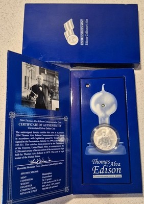 2004 THOMAS ALVA EDISON COMMEMORATIVE DOLLAR 90% SILVER US MINT COLLECTOR'S SET