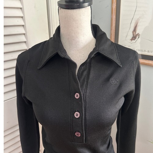 Vintage 70s GIVENCHY SPORT Womens Top Black Collared Pullover Slinky Stretch *XS - Picture 4 of 13