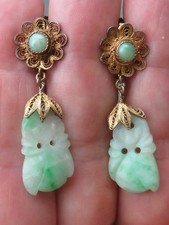 Antique Chinese Jade Filigree Silver Screwback Dangle Earrings