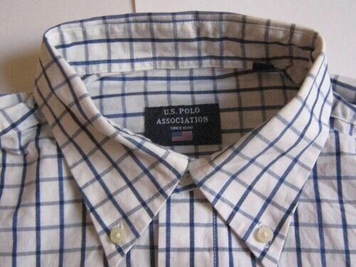 U.S. POLO Association Shirt Size M Short Sleeve White Blue Check #C0965