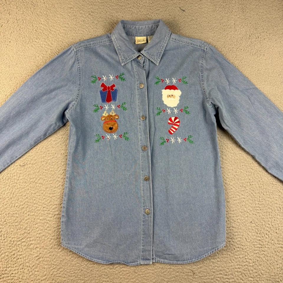 Vintage Denim Christmas Shirt Women’s Small Long Sleeves Button Front Chambray - Image 4 of 4