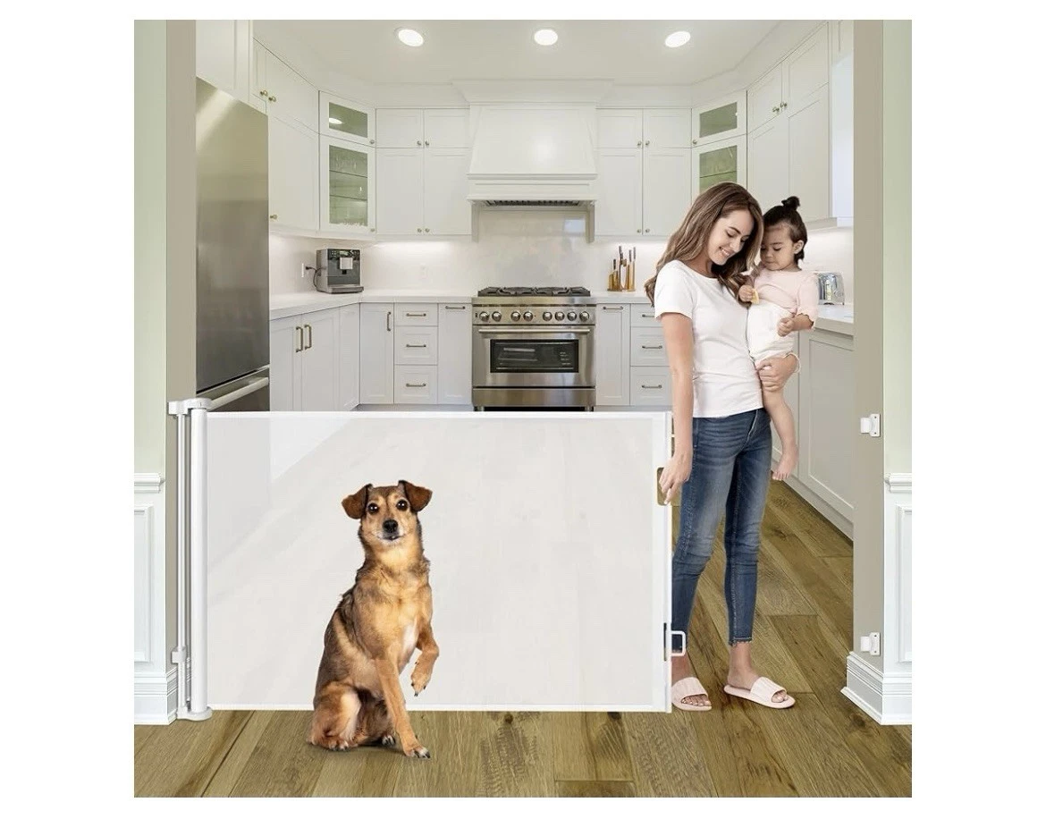 Reinforced 56” Wide 33” Tall Retractable Baby Gate with Support Rods,white