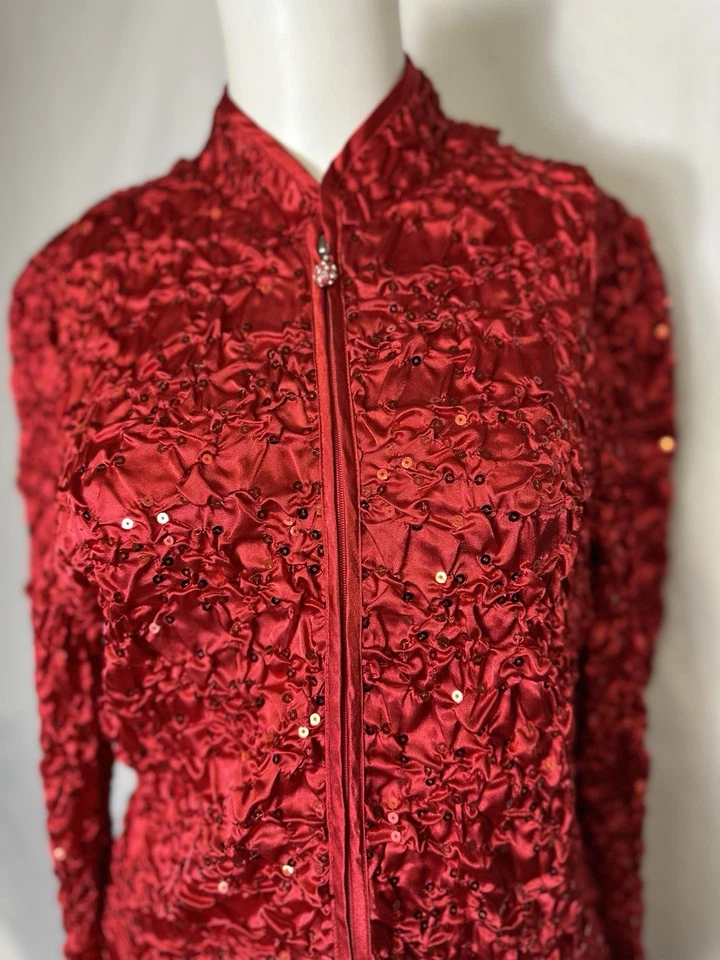 MSK Women’s Red Satin Sequin Quilt Crinkle Zipper Long Sleeve Jacket Size Large - Image 4 of 4