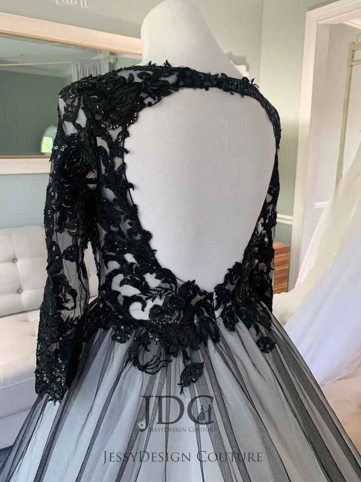 Gothik Langarm Spitze Schwarz Ivory Brautkleid Hochzeitskleid 32-60 Rückenfrei - Bild 2 von 4