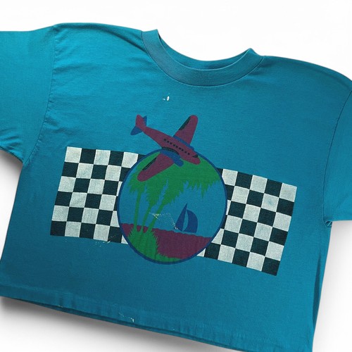 Vintage 80s Just Fitz Crop Top T-Shirt Airplane Beach Palm Trees Checkered USA