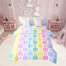 7 Pieces Full Size Daisy Flowers Comforter Set,Colorful Geometry Grids