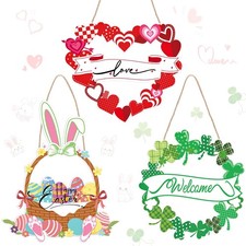 3 Pack Valentines Door Sign Wooden Hanging Welcome Board Sign Seasonal Wooden...