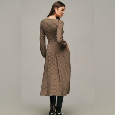 brown gingham long sleeve dress Rihoas Checkered Square Neck Midi Dress main image 1