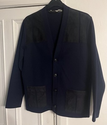 VINTAGE PIERRE SANGAN dunkelblau WOLLE LEDER WILDLEDER CARDIGAN GR L Jacke