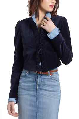 Anthropologie SZ 8 Leifsdottir Maude Navy Velvet Ruffled Cropped Blazer Jacket
